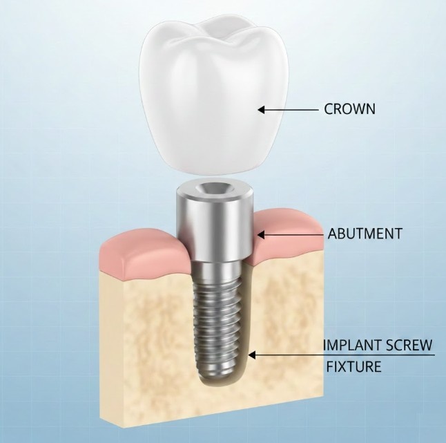 Cross-section diagram of a dental implant showing the crown, abutment, and implant screw (fixture) embedded in the jawbone.