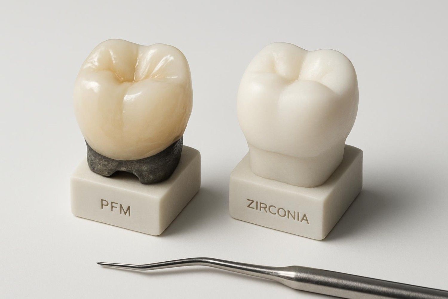 Porcelain vs Zirconia Crowns, Side-by-side comparison of a PFM (Porcelain-Fused-to-Metal) dental crown showing its dark metal base and a solid, white Zirconia crown model.