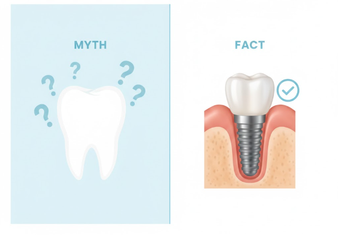 Split image showing “Myth” with a faded tooth and question marks on one side, and “Fact” with a detailed dental implant illustration and checkmark on the other. Common Dental Implant Myths